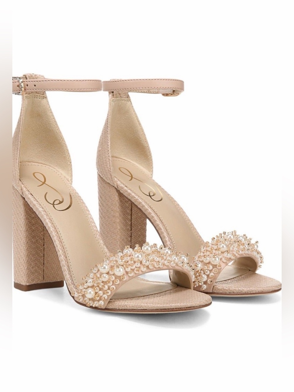 Sam Edelman Yaro Perla Warm Tan Beaded Block Heel Sandals Size 8.5